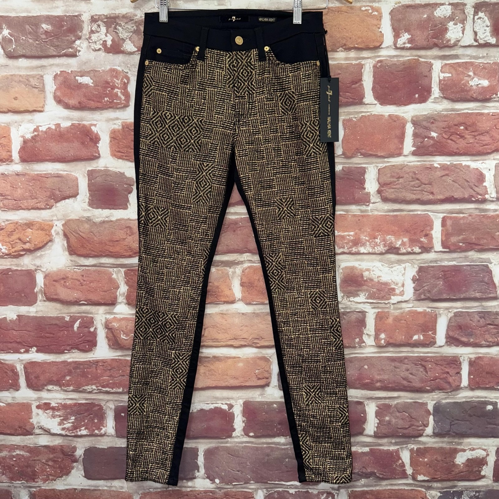 7 For All Mankind Malhia Kent Jeans Womens 27 Black Gold Abstract Tweed Skinny