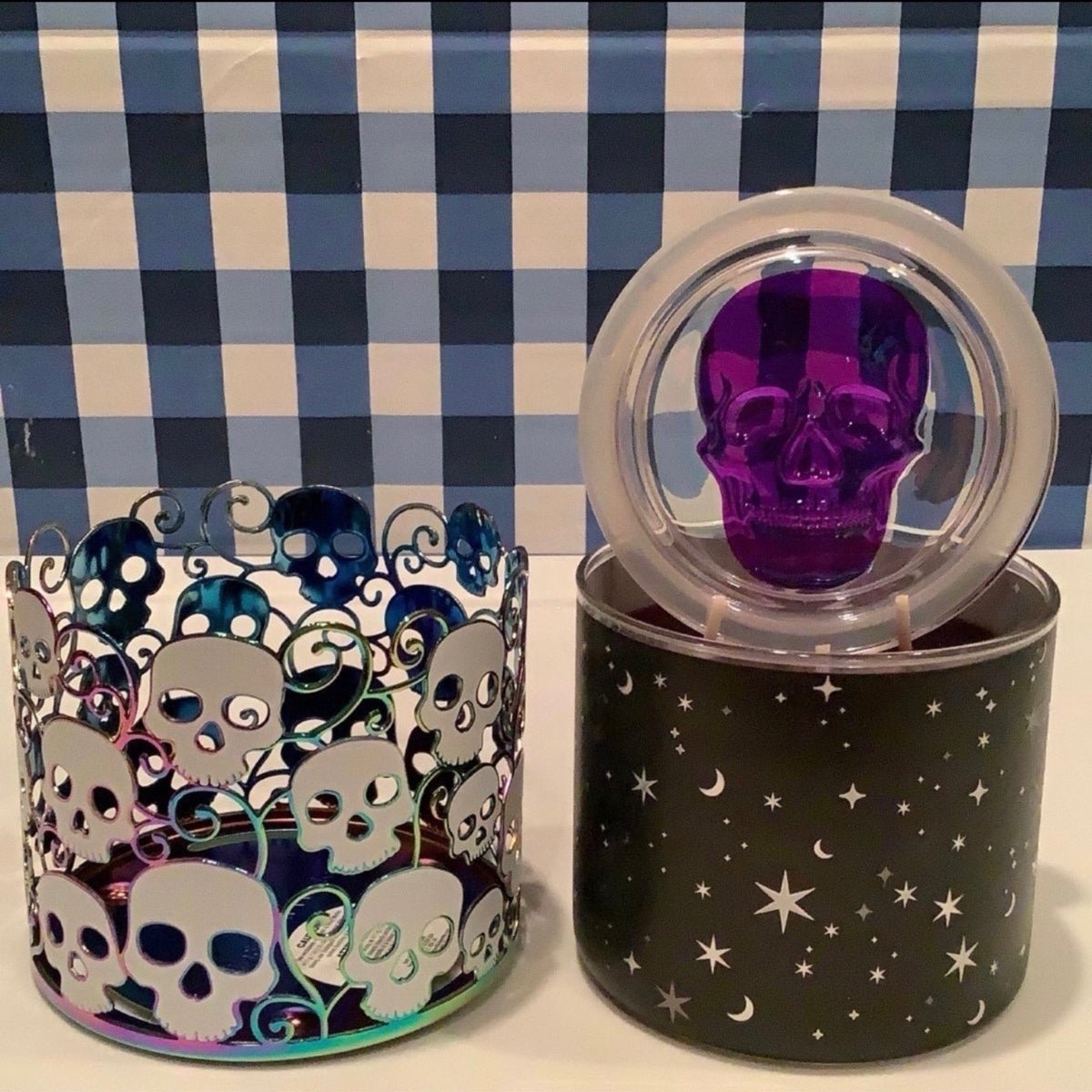 BBW Holographic Glow-In-The-Dark Skull Candle Holder & Spooky Cider Lane Candle