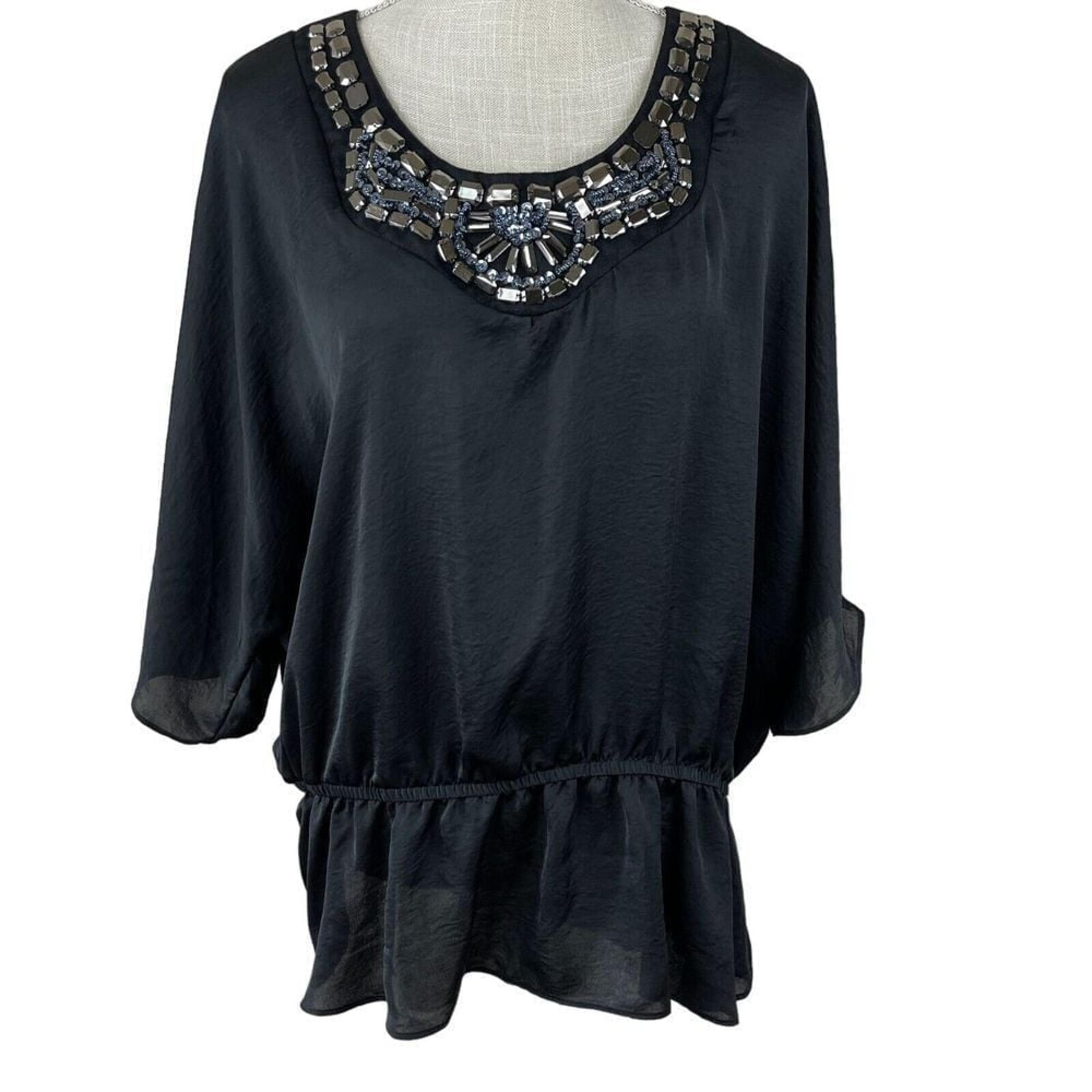 Elementz Embellished Blouse Womens 3X Black Embellished Neckline Cold Shoulder