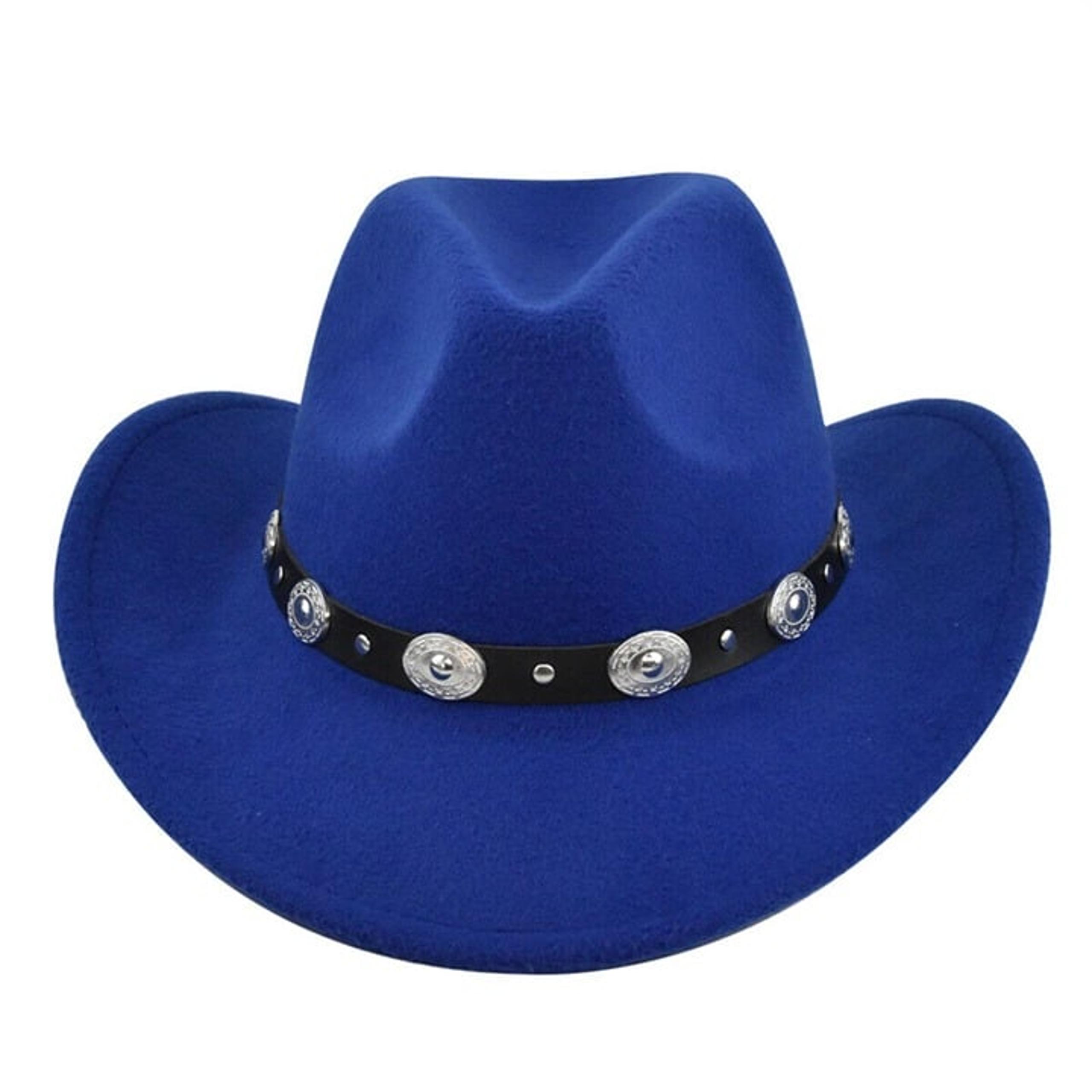 Blue Western Cowboy, Cowgirl Hat, Black & Silver Strap, Men Women, Wide Brim