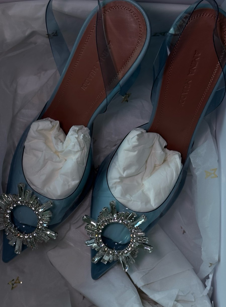 Amina Muaddi Begum Glass Blue Heels