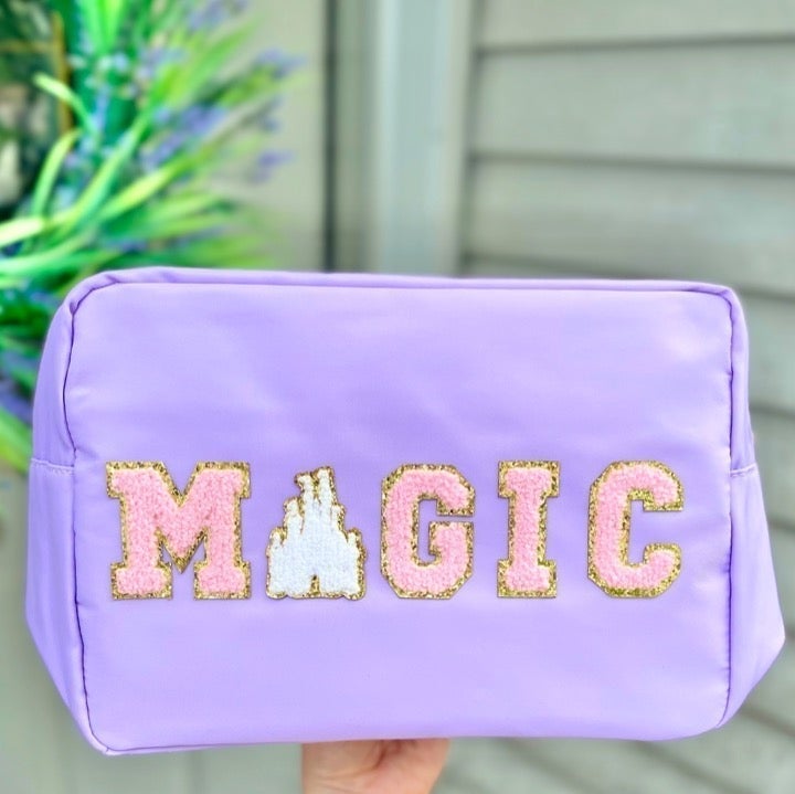 Lavender pouch with patches, stoney clover, disney magic bag with castle, travel