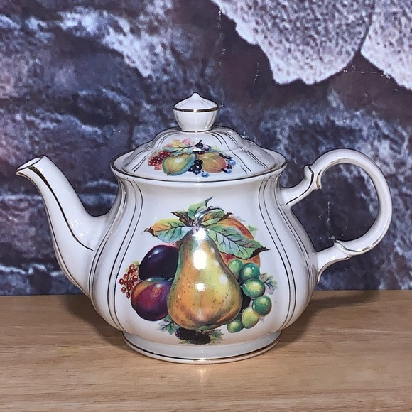 Vintage Sadler made in England Teapot #3749 Fruit Design With Gold Lines & Trim