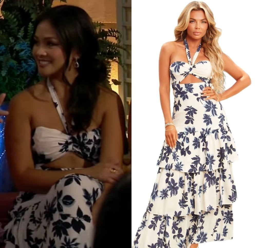 Halter Tied Up Floral Printed Ruffles Maxi Dress Ivory/Navy