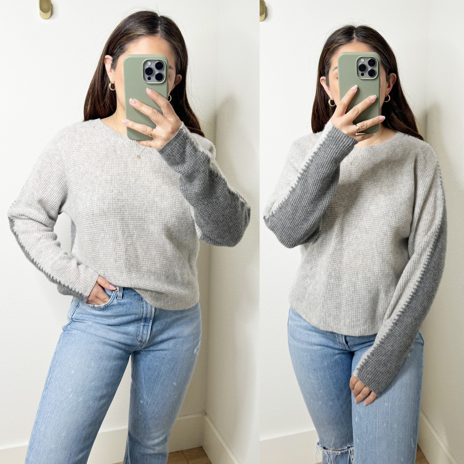 NEW Johnny Was Calme Gray Colorblock Whipstitch Recycled Cashmere Sweater XS