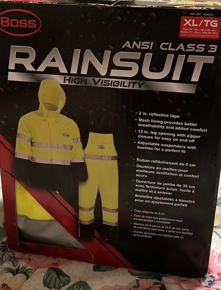 BOSS High Visability ANSI Class III Rain Suit Jacket and Bib, Men’s Size XL