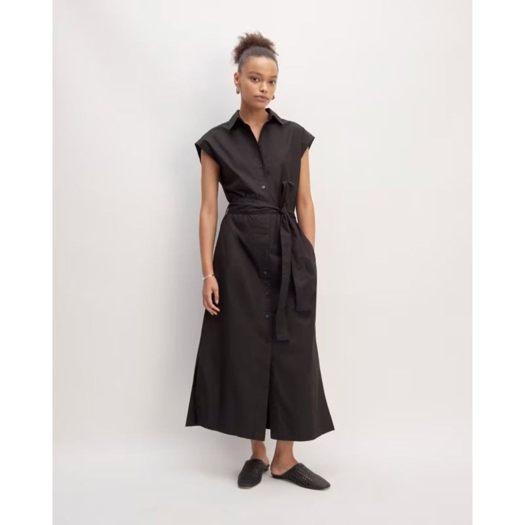 EVERLANE The Supima Cotton Short-Sleeve Shirt Dress 10 Black Button Maxi NEW B18