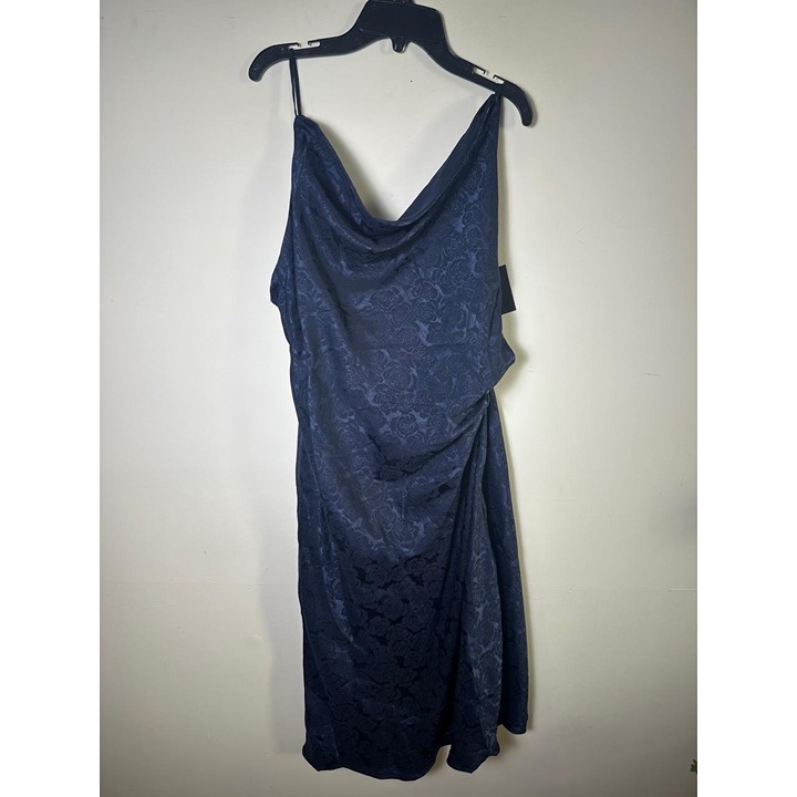 NWT Lulu’s Midnight Blue Floral Jacquard Satin Cowl Neck Midi Slip Dress Size L