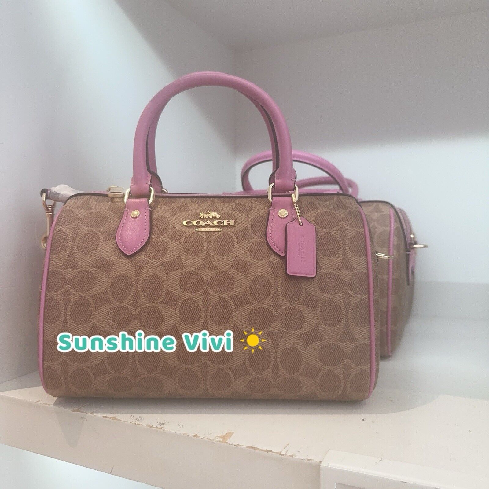 NWT Coach Rowan Satchel Bag In Signature Canvas CV961 Tan/Fuschia