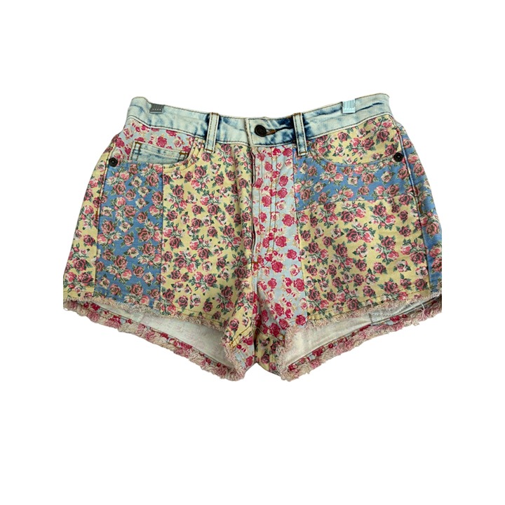 Farm Rio For Anthropologie Floral Patchwork High-Waisted Denim Shorts Frayed Hem