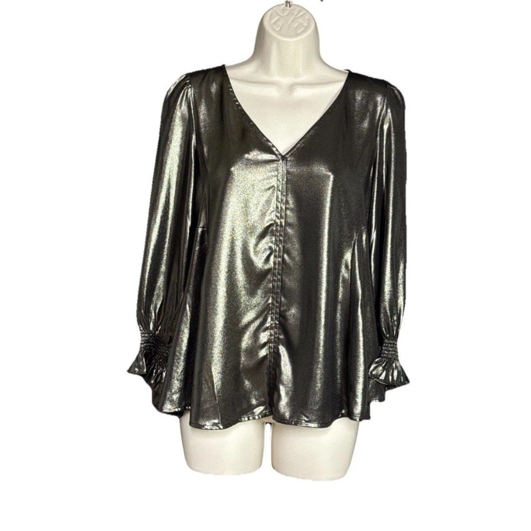 Tuckernuck Size S Gold Metallic Long Sleeve V-neck Top Blouse
