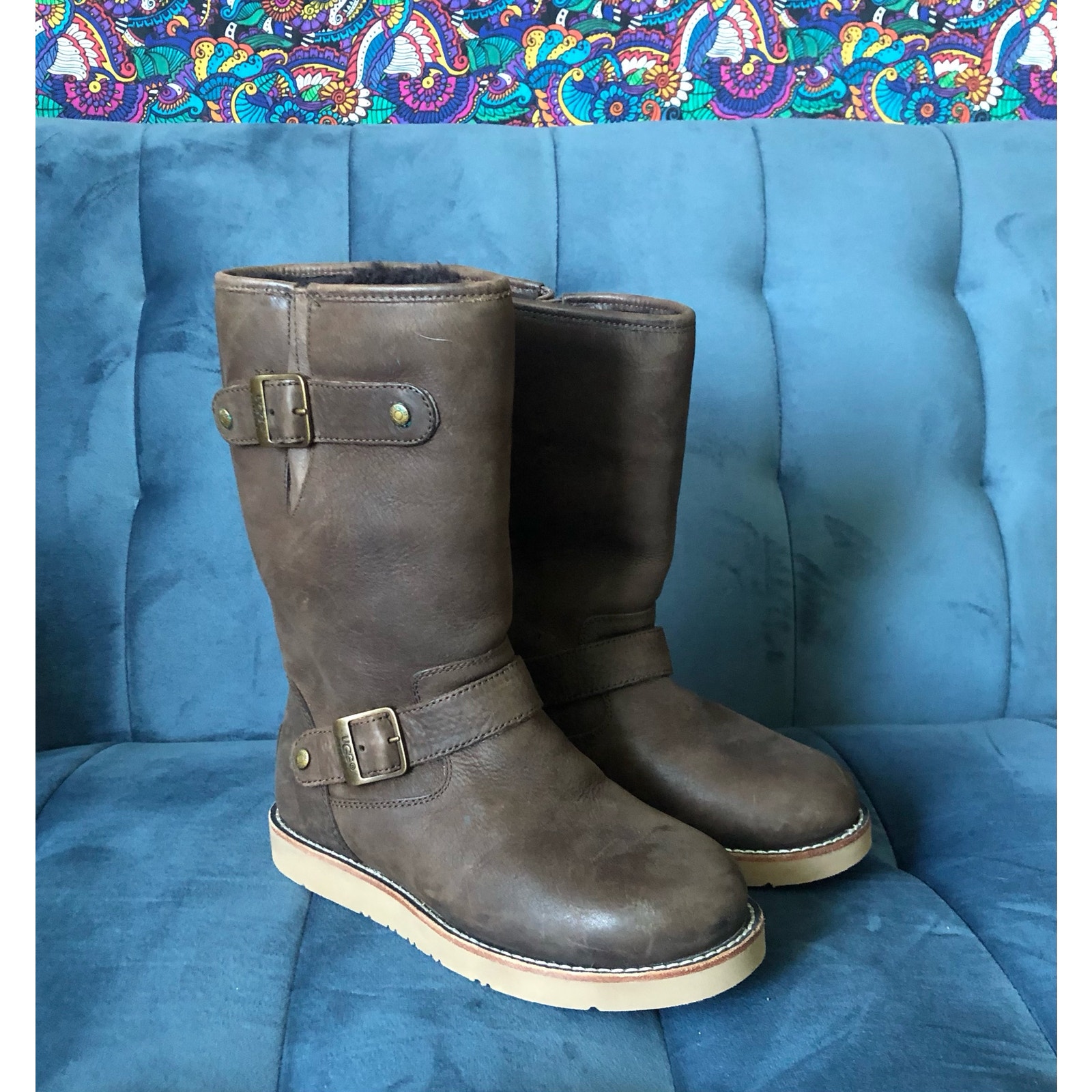 NWT UGG Women's Sutter Moto Boots Dark Brown Leather Shearling US 5 / EU 36