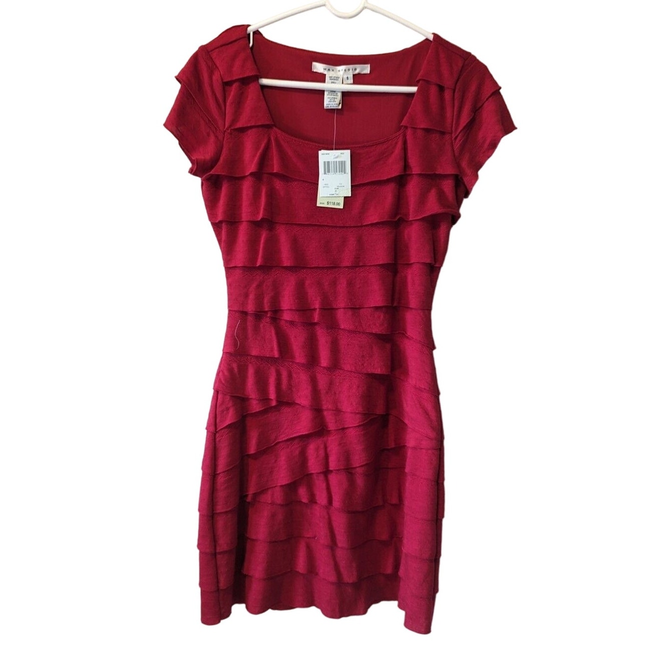 NWT Max Studio RED Stretch Ruffle Tier Scoop Neck Bodycon Dress 3/4Sleeve Size S