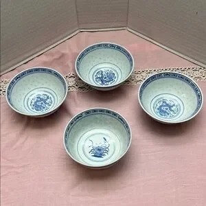JINGDEZHEN CHINA RICE GRAIN BLUE WHITE DRAGON PORCELAIN- set of 3 &1dragon eyes