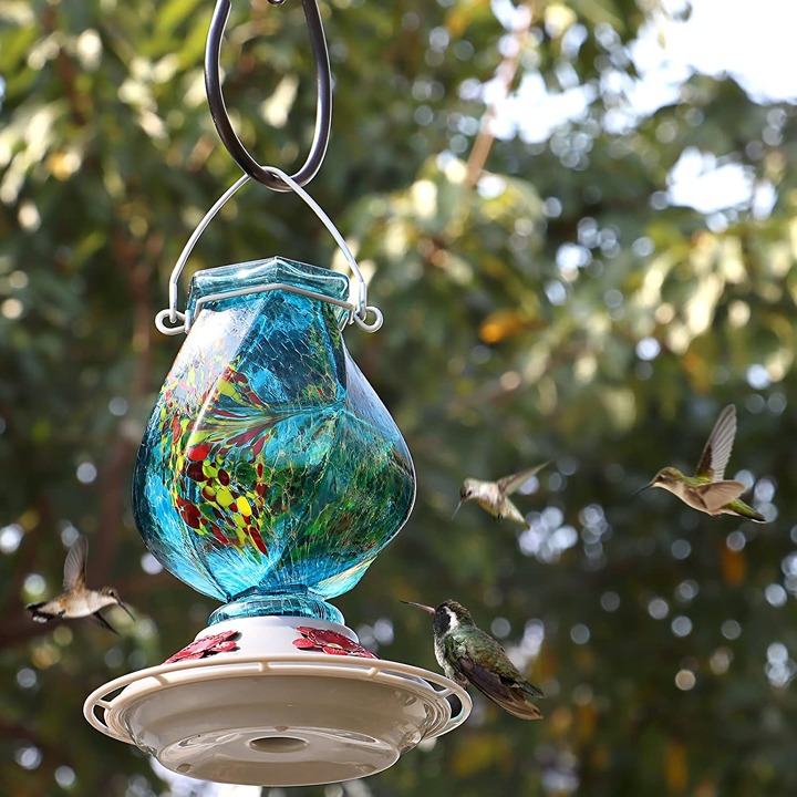 BOLITE Hummingbird Feeder, Hand Blown Glass Hummingbird Feeders for Outdoors Han