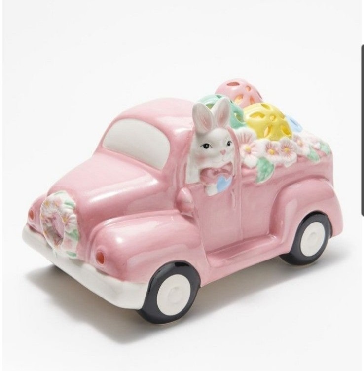 Mr. Cottontail Easter Ceramic Pink Truck with Easter Eggs 10 Lit Decoration