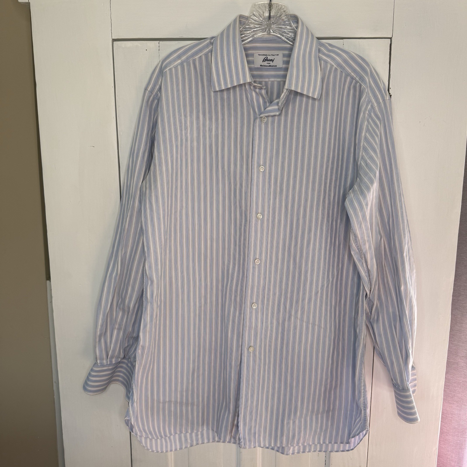 Brioni Neiman Marcus Large Men's Long Sleeve Blue Striped Italy Button Up Shirt