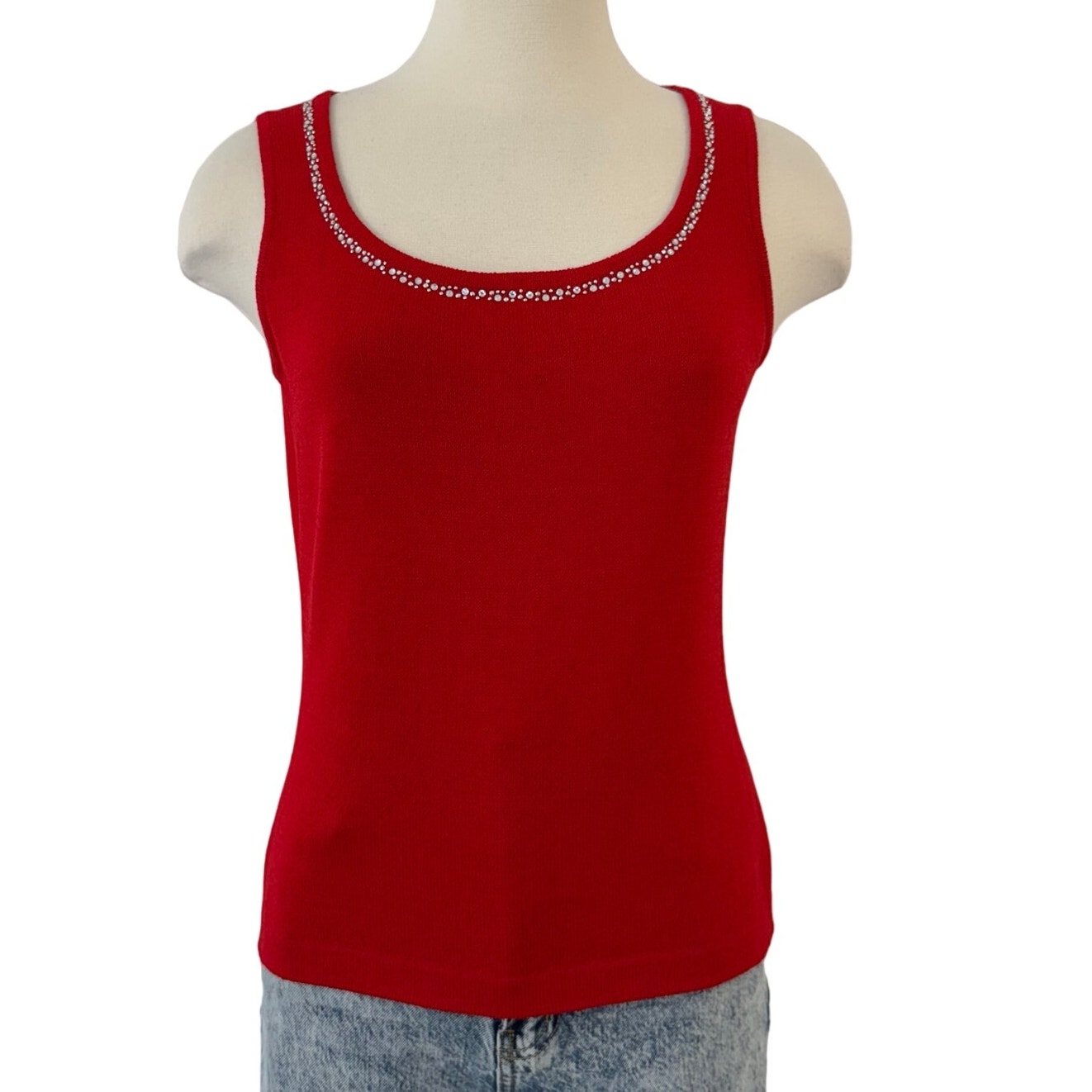 St. John Evening Knit Tank Top Sweater Shell Red Rhinestone Trim | XS/P