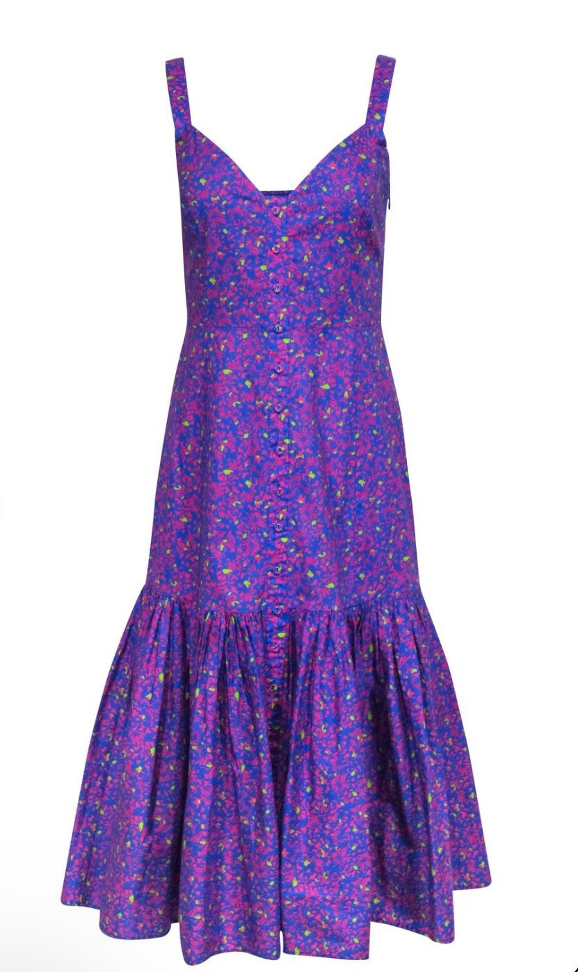 Tanya Taylor Blue & Pink Floral Print Sleeveless Midi Dress
