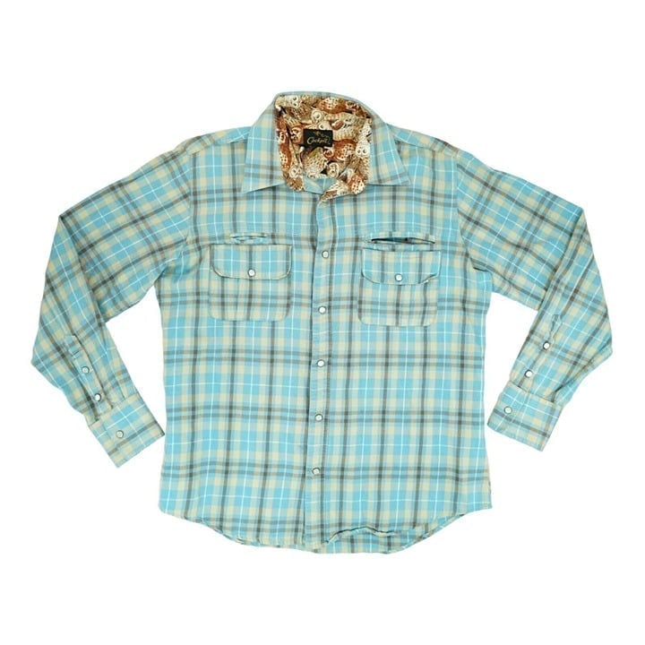 Cockpit USA Plaid Shirt Mens Large L Blue Plaid Button Up Owl Print