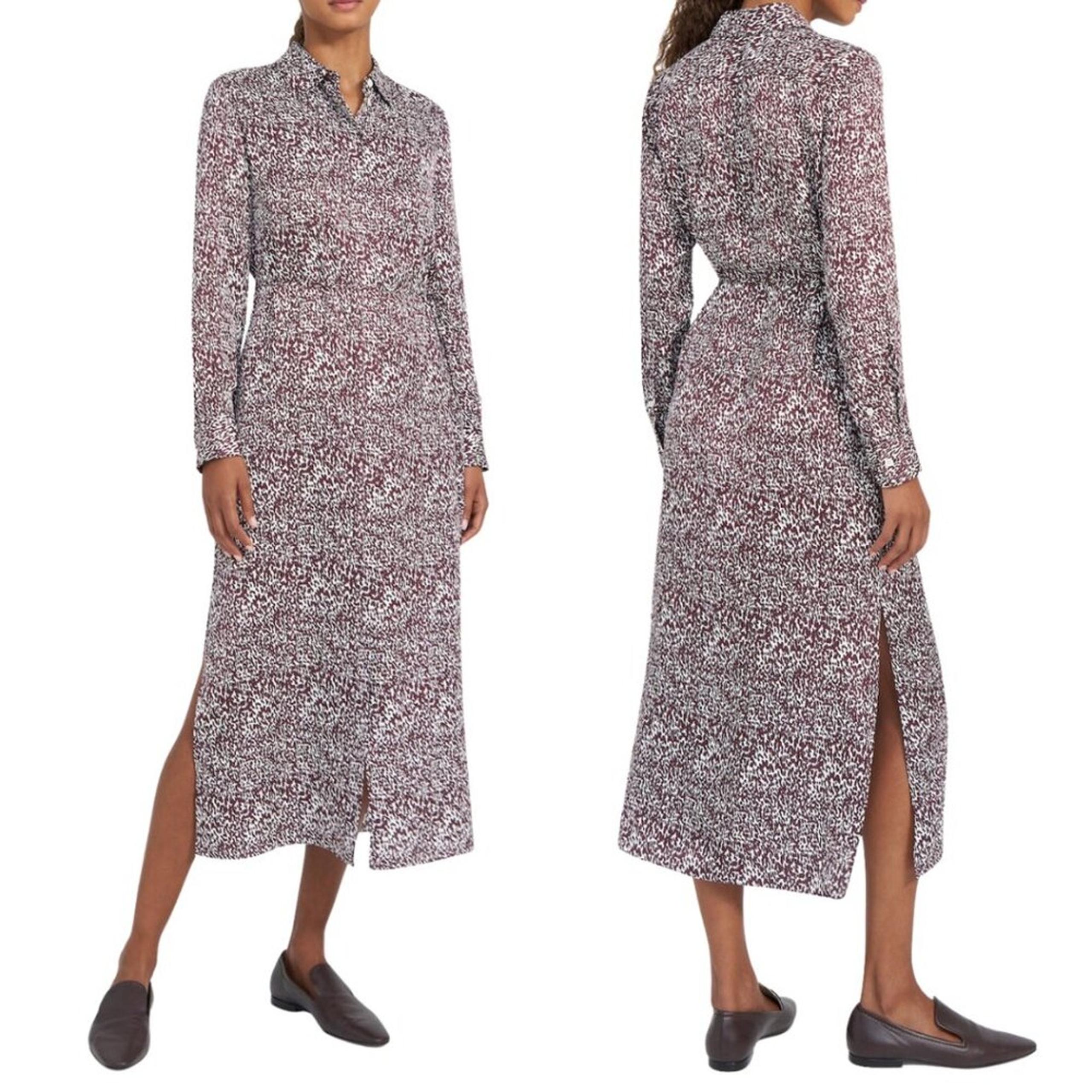 Theory Shirtdress White Brown Brushed Dot Collared Button Up Midi Dress Medium