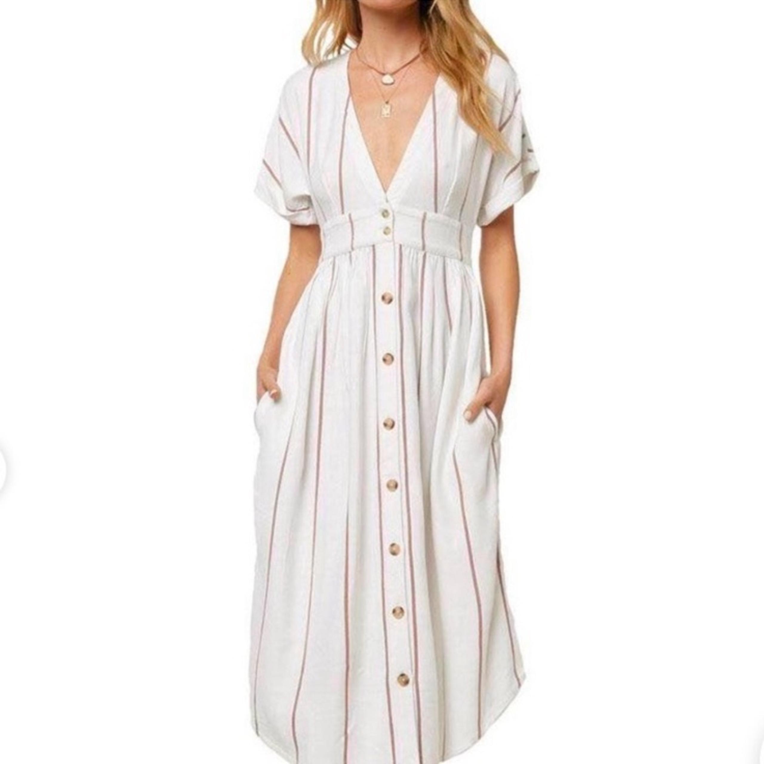 O’Neill White and Pink Stripe Button Front Midi Dress Sz Med