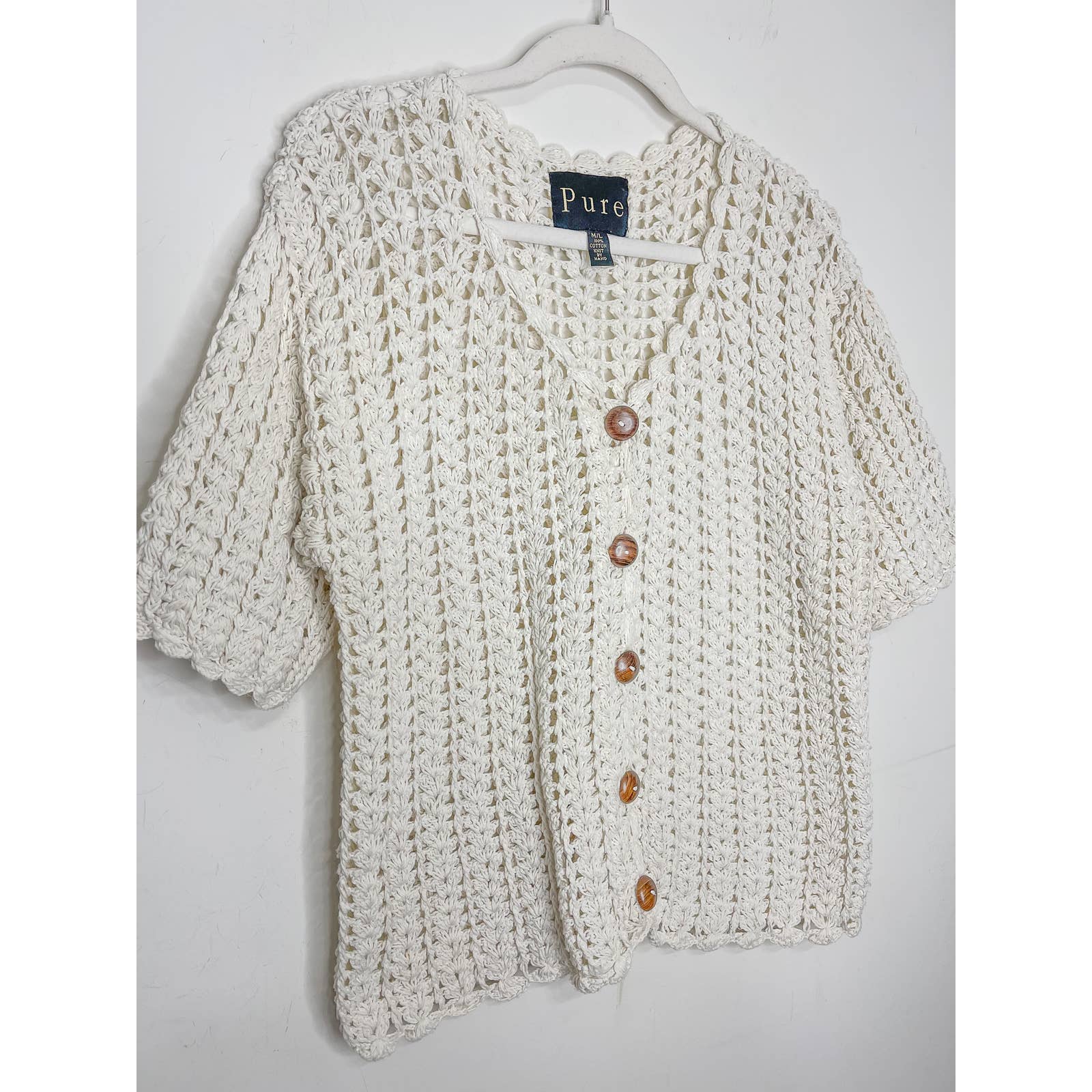 PURE Collection Hand-knit Crochet Cotton Short-sleeve Cardigan Size M/L