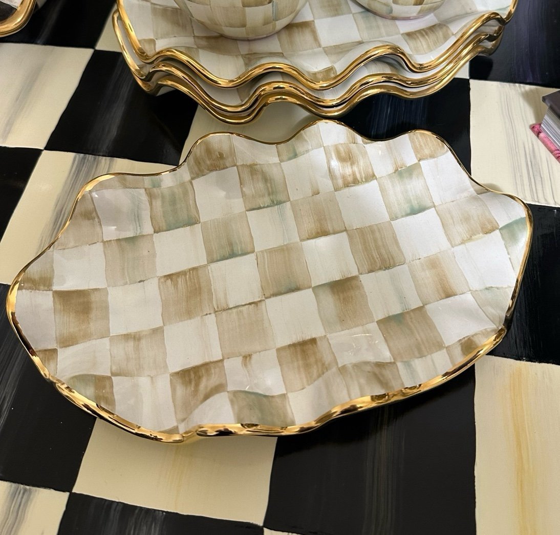 Mackenzie Childs Ceramic Parchment Check small fluted oval platter