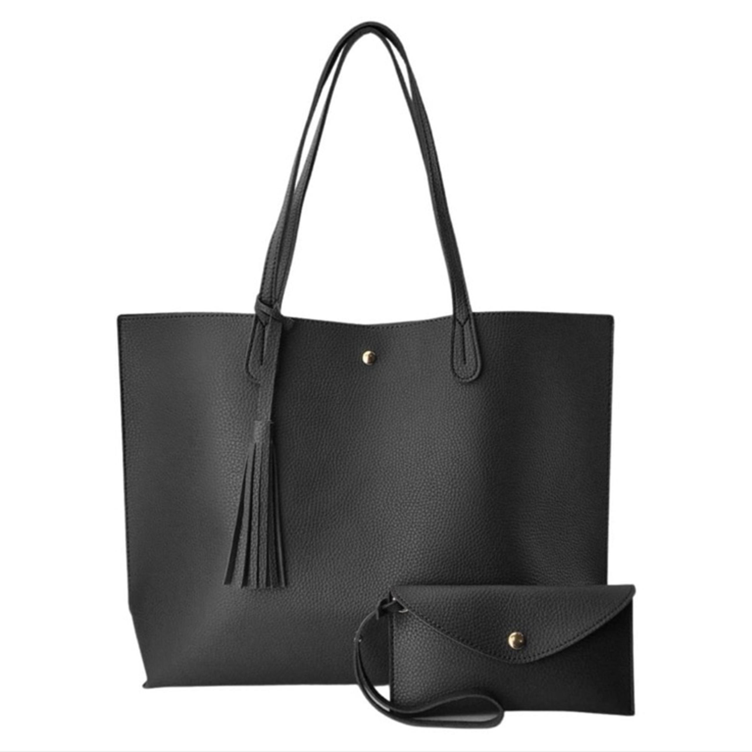 Black Oversized Faux Leather Tote Bag + Mini Organizer Pouch from HOXIS