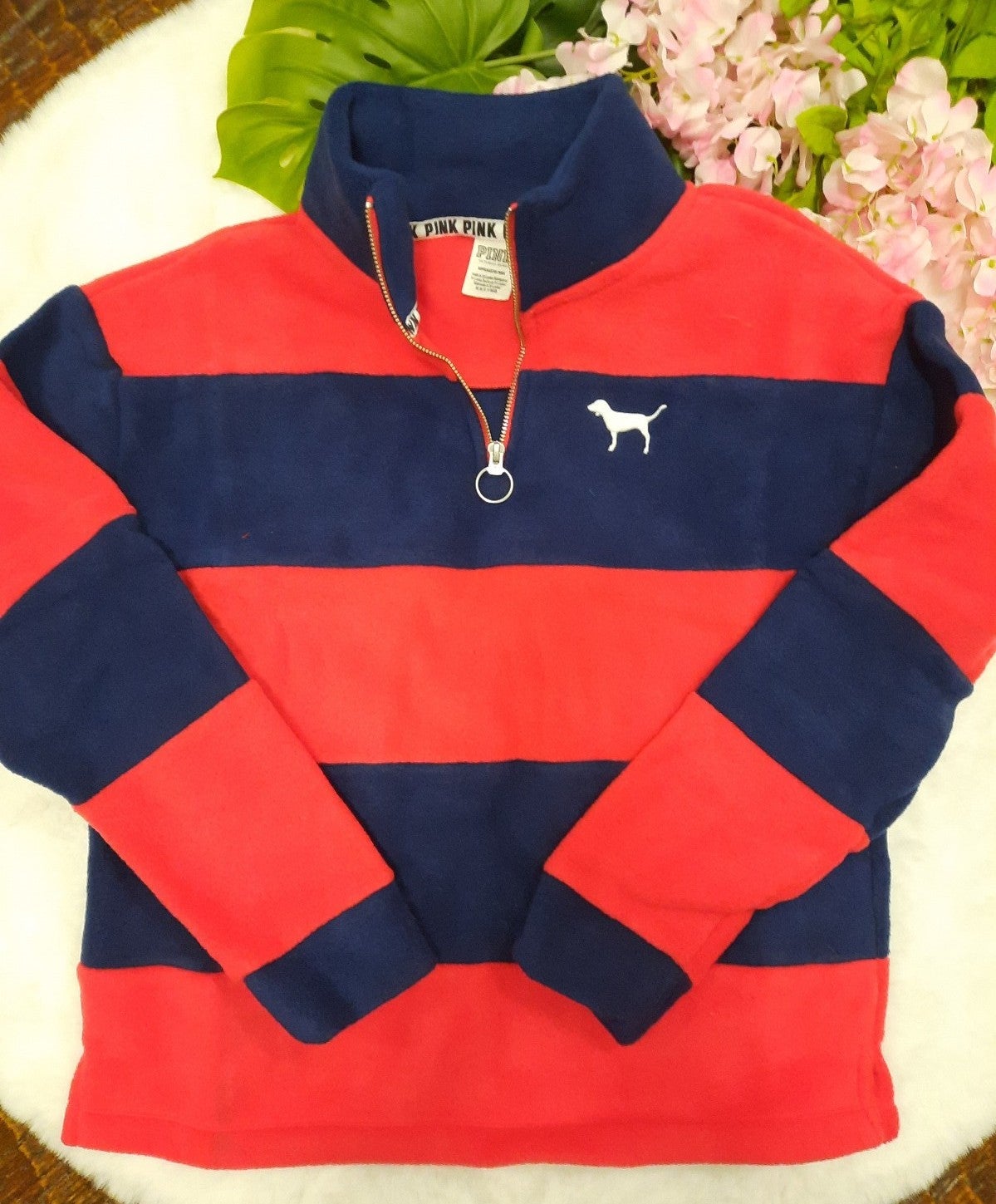 NEW (XS) VS PINK Polar fleece sweater in red/navy stripes