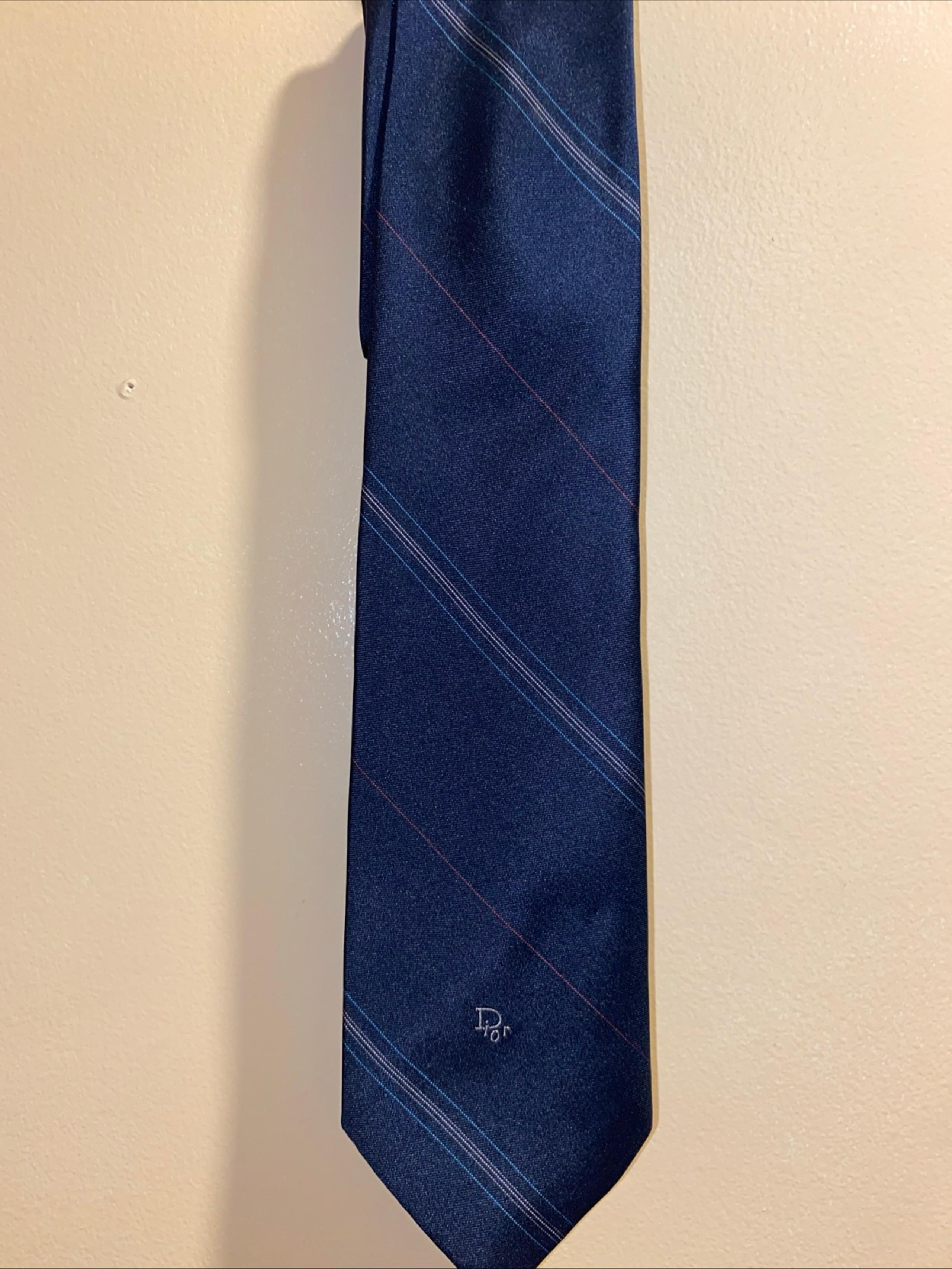Vintage Christian Dior Mens Neck Tie Stripe Navy Blue Red Gray Silk Blend Logo