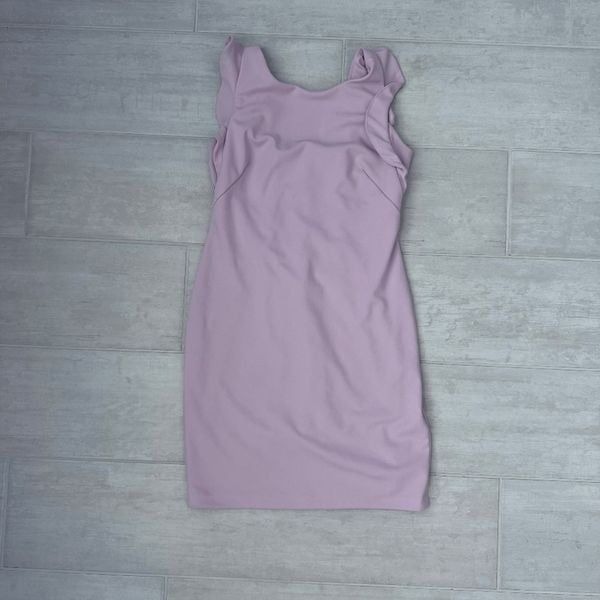 Calvin Klein Dress Midi Short Sleeve Ruffled Lilac Purple Round Neck Zip Bodycon