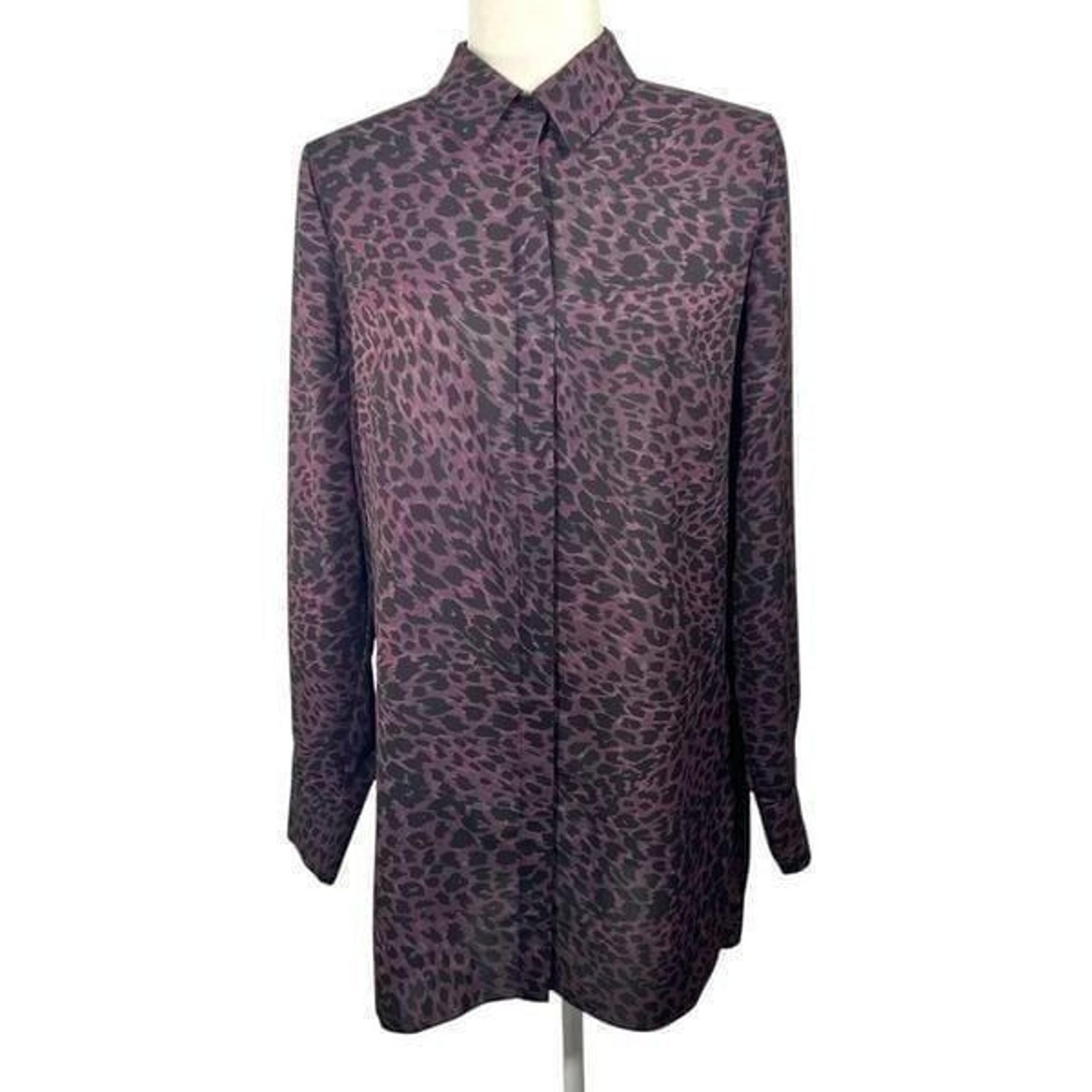 Elie Tahari Women's Purple Animal Print Button Front Long Sleeve Blouse Small