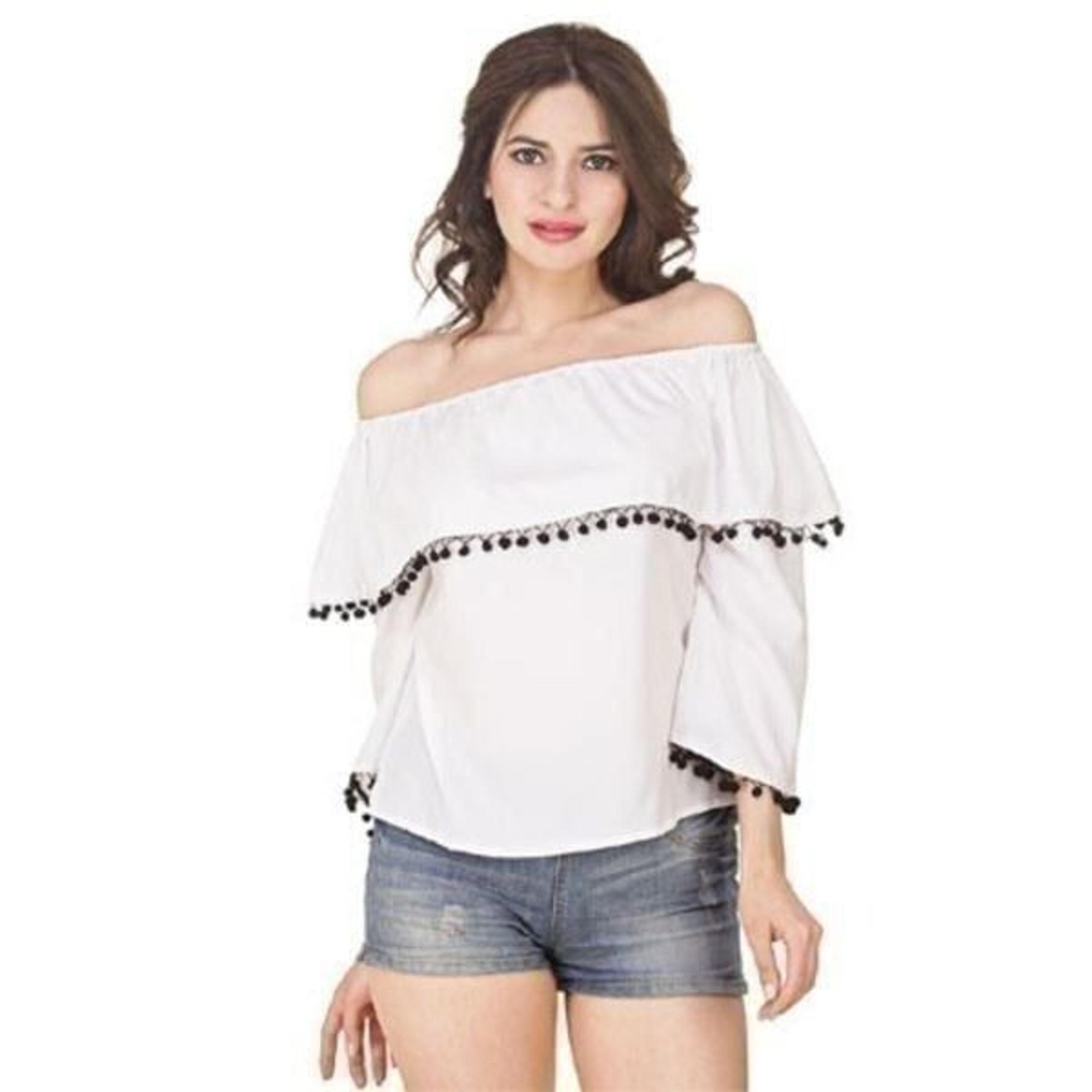 Lee's Kloset White Off The Shoulder Bell Sleeve Pom Pom Trim Women's Size Medium