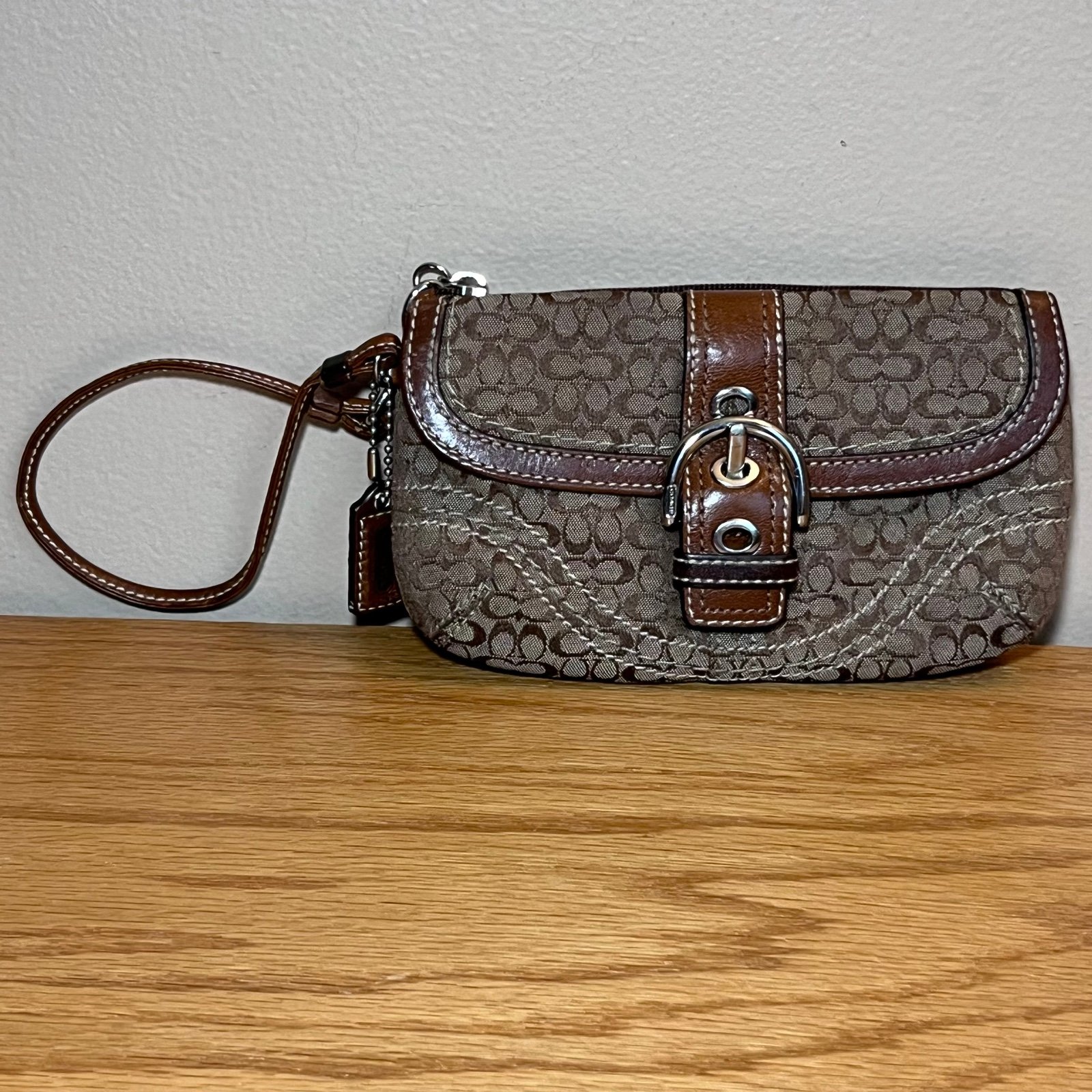Coach- Brown & Khaki w/ Silver Tone Buckle Half Flap Wristlet NWOT