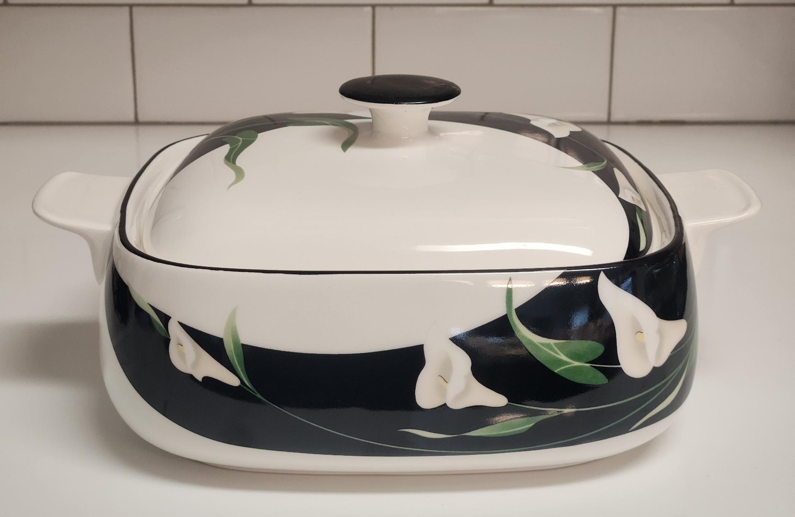 Vintage Sango Quadrille Black Lilies Square Covered Vegetable/Casserole Dish