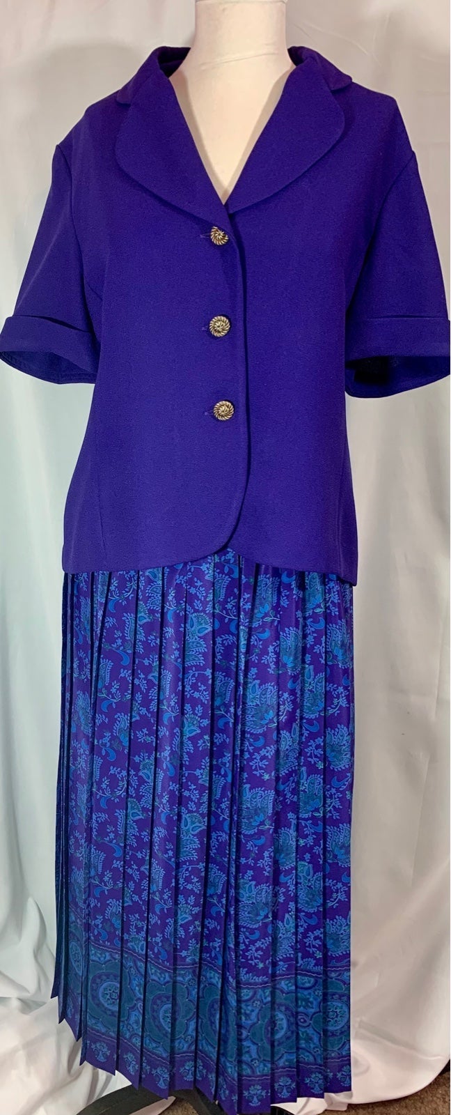 VINTAGE LESLIE FAY 2 Pc Skirt Suit Set Blazer& floral skirt size 10 Blue&purple