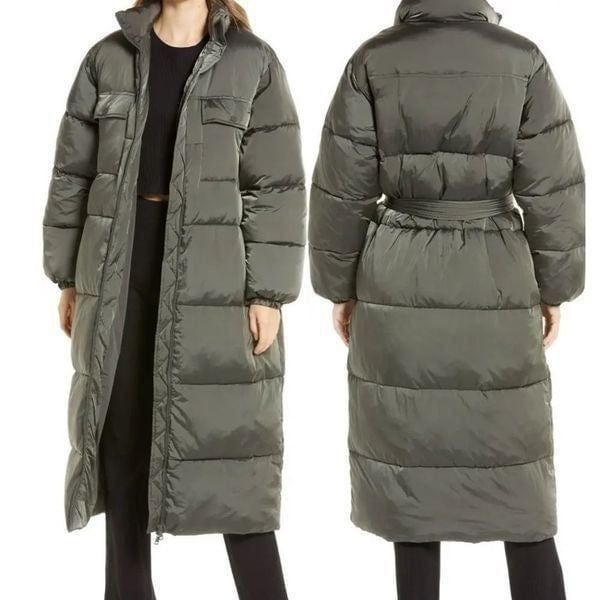GOOD AMERICAN Water-Resistant Longline Belted Puffer Coat Medium
