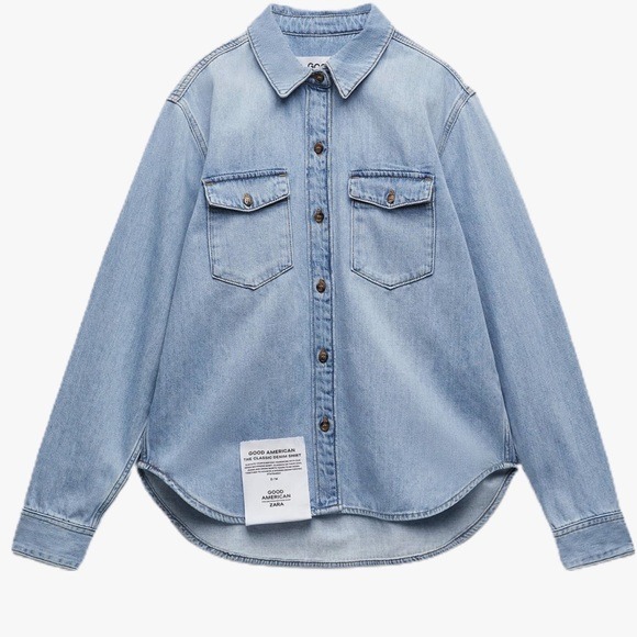 NWT. Zara X Good American Collection Blue Denim Shirt. Size 7.