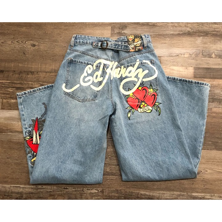 Ed Hardy Loose Fit Buckle Back Denim Jeans Size 28 Embroidered Wide Leg NEW