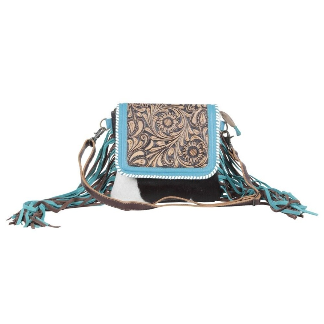 Myra Bag Handmade Misty Hand Tooled Bag Upcycled Canvas & Cowhide Leather