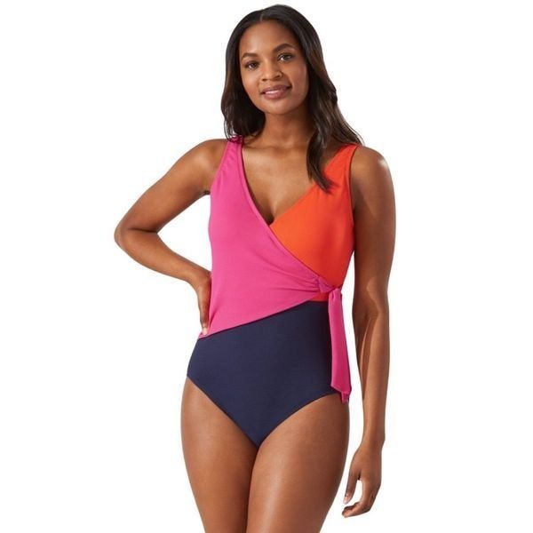 165 Tommy Bahama Island Cays Colorblock Wrap-Front One-Piece Swimsuit Size 4