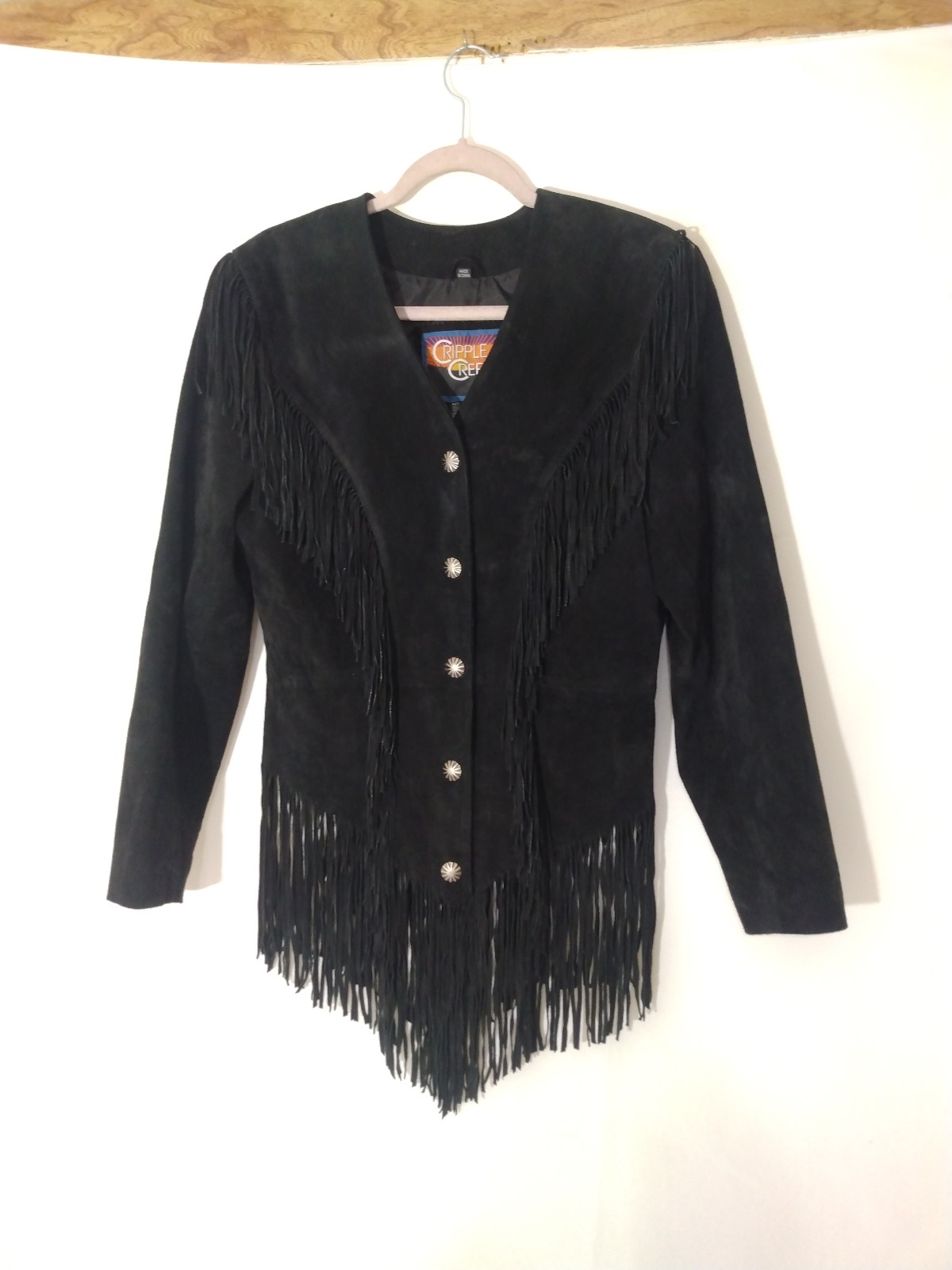 Womens Cripple Creek Black Leather Suede Fringe Western Snap Jacket Sz Medium