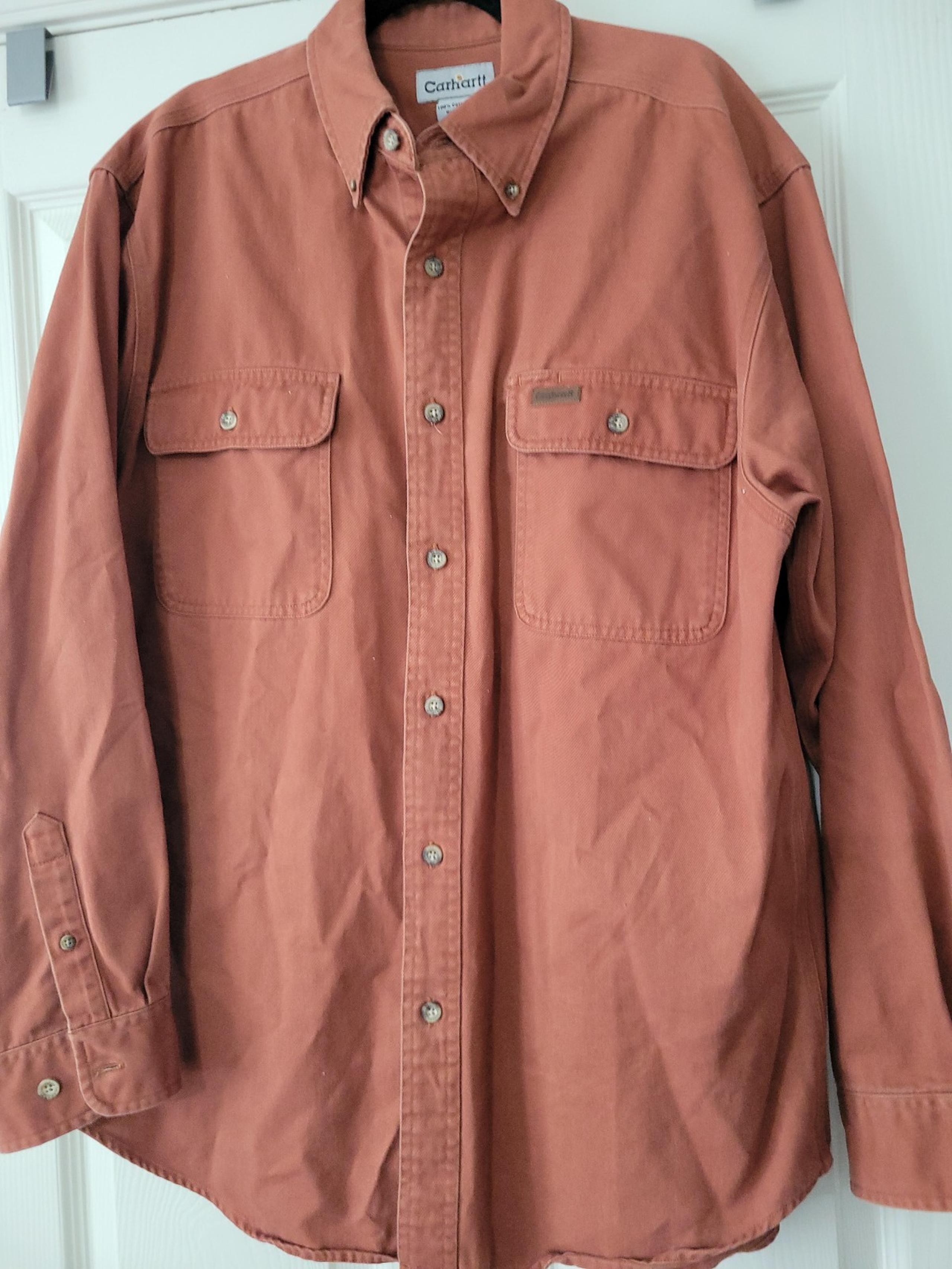 Vintage 90s Rust Canvas Chore Work Shirt Shacket Pockets Logo Farm Mens - Carhartt