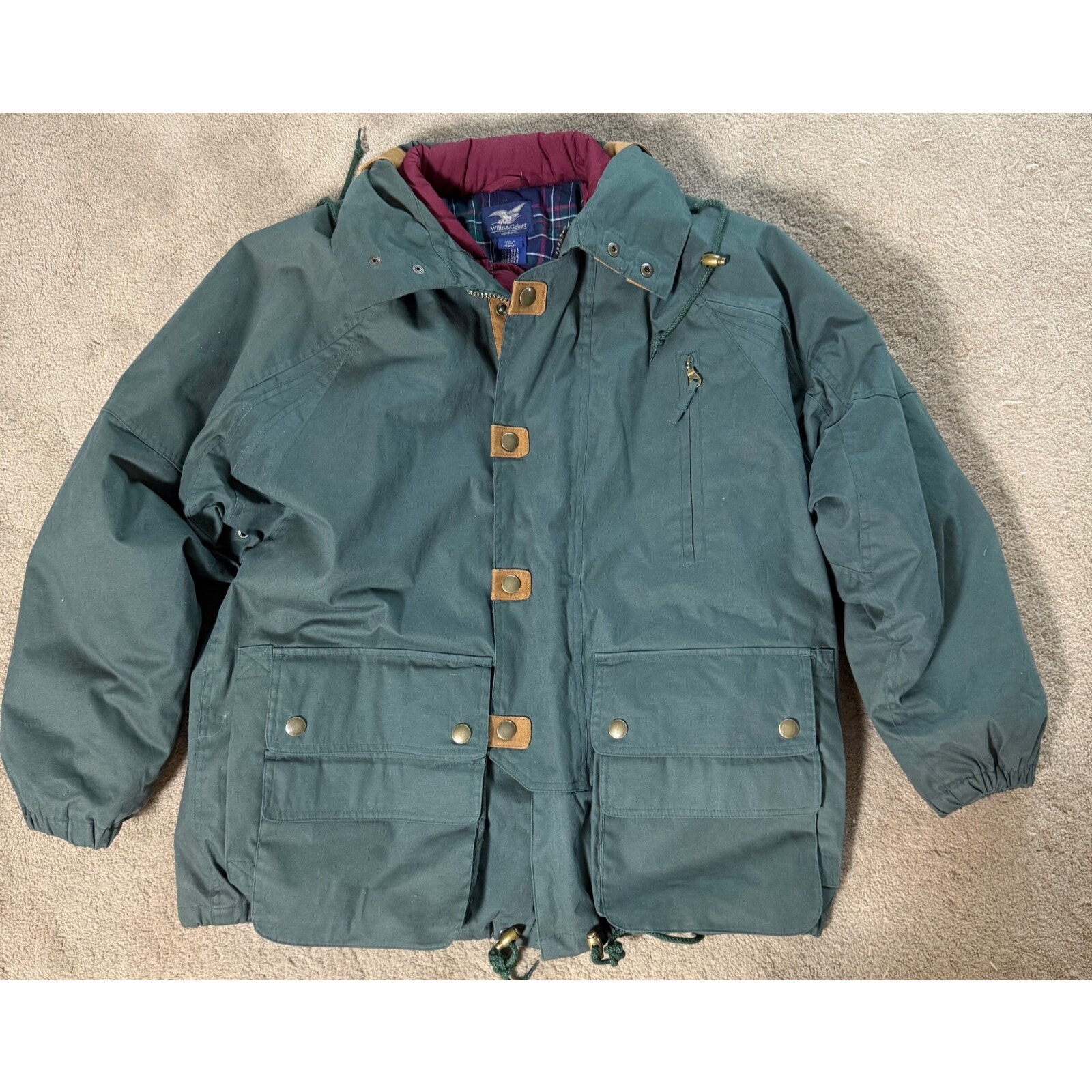 Vintage Willis and Geiger Field Jacket Mens Green Flannel Lined Game Coat Medium