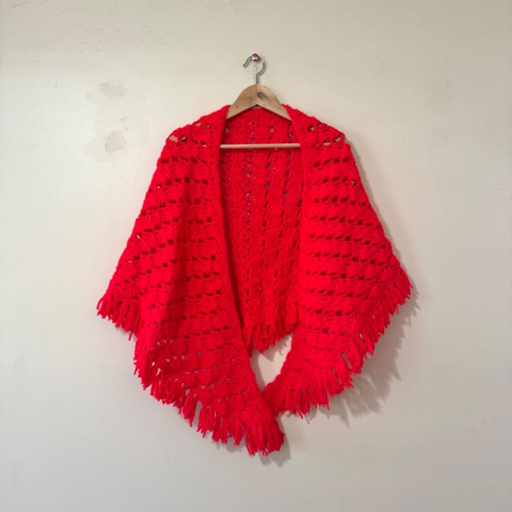 Vintage Shawl red crochet knit sweater wrap retro one size