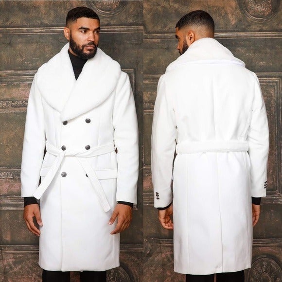 Men's Fashion White Solid Faux Fur Overcoat Size M, L, XL, 2XL, 3XL, 4XL, 5XL