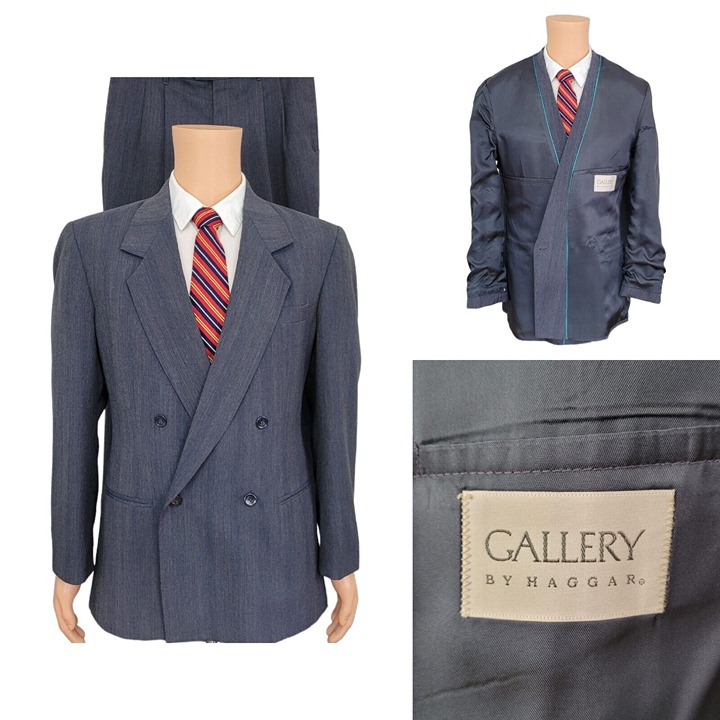 Gallery Haggar 2 Piece Suit (40-42R) Double-Breasted Vintage (32x30) Striped Men