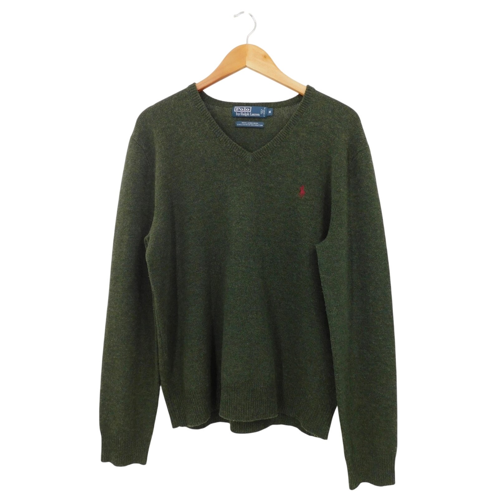 Polo Ralph Lauren Dark Green 100% Italian Lambswool V-Neck Sweater Size Medium