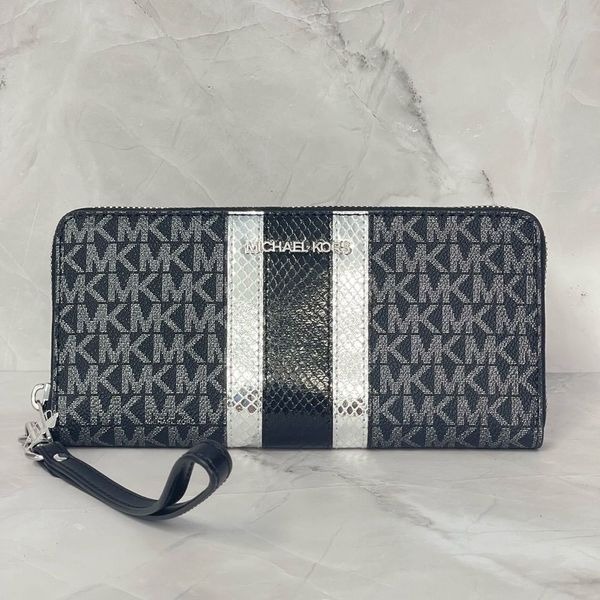 Michael Kors Continental Zip Wallet Wristlet Black Silver Metallic